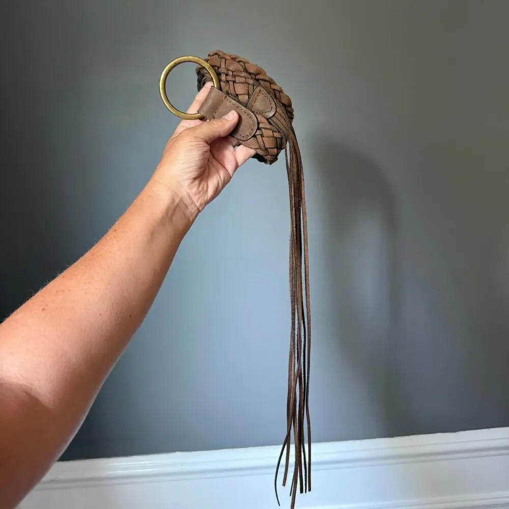 Vintage Braided Leather Cinch Belt Brown O Ring Boho Western Size M